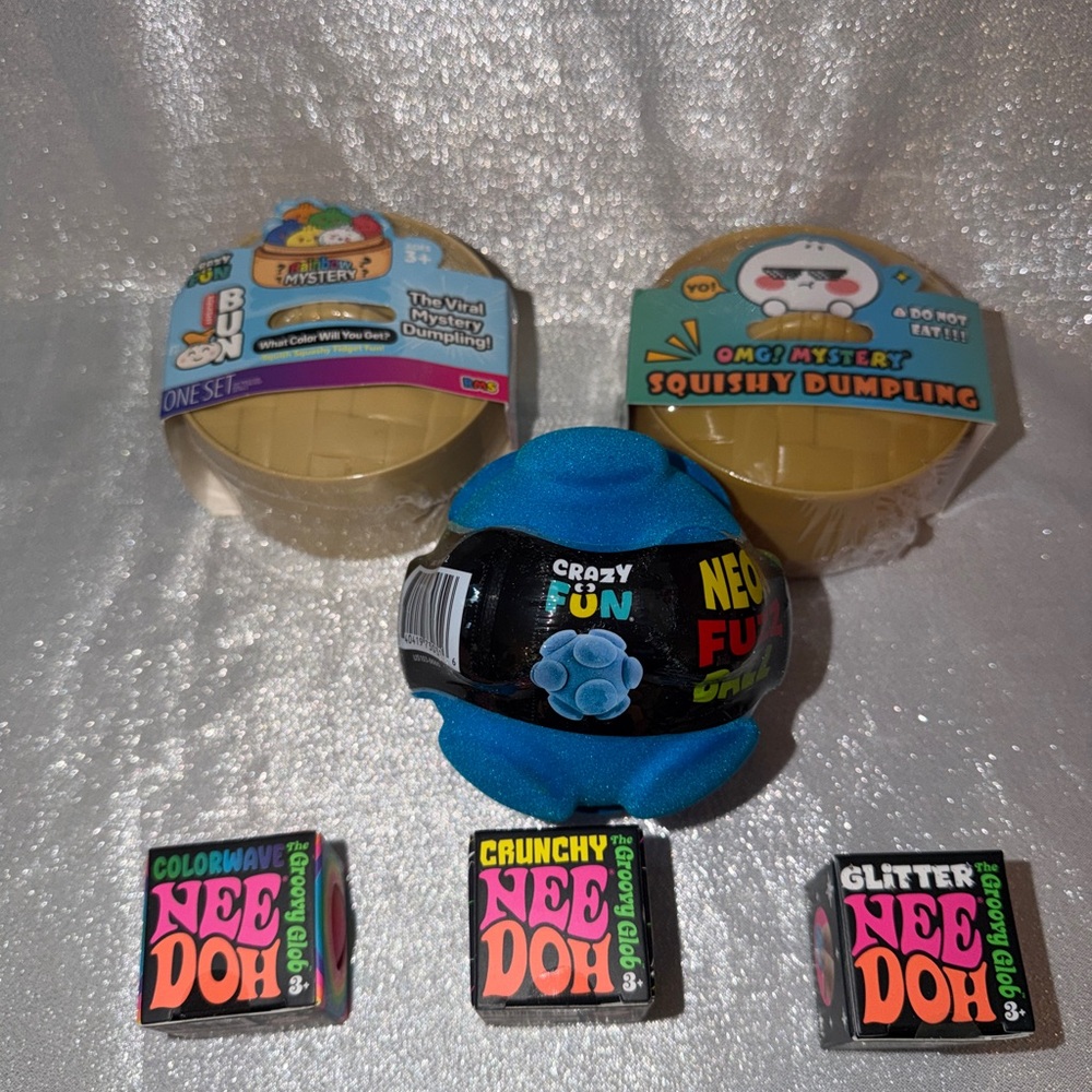 1 Crazy Fun & 1 OMG Mystery Dumpling with Blue Neon Fuzz Ball & 1 NeeDoh